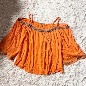 Orange Off Shoulder Festival Indie Western Boho Aztec Trim Whimsical Flowing Top